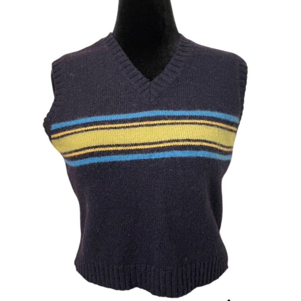Vintage M.Y. Sportswear Wool Sweater Vest Womens Large Navy Blue Lime Striped
